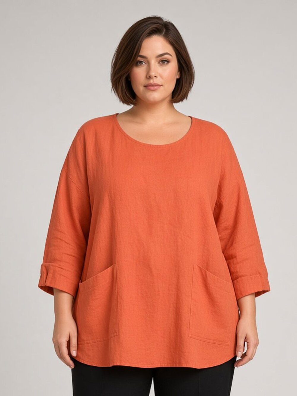 JNY Jones New York Vintage Orange Linen Blend Blouse 2XL Relaxed Fit Pocket Top